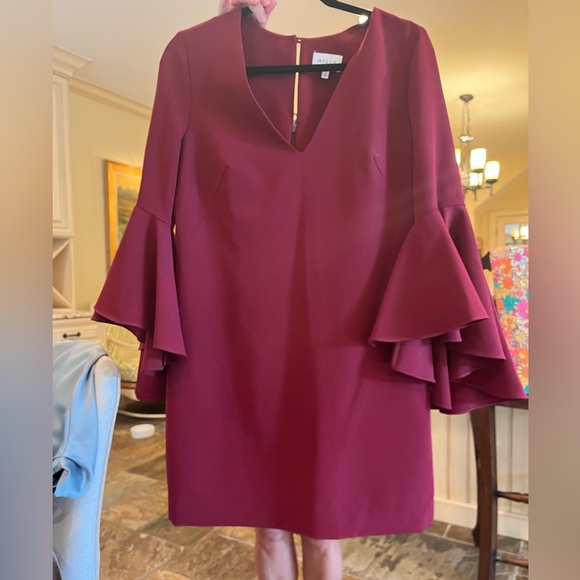Milly Red Maroon Red Bell Sleeve Sheath Holiday Dress - Picture 3 of 4
